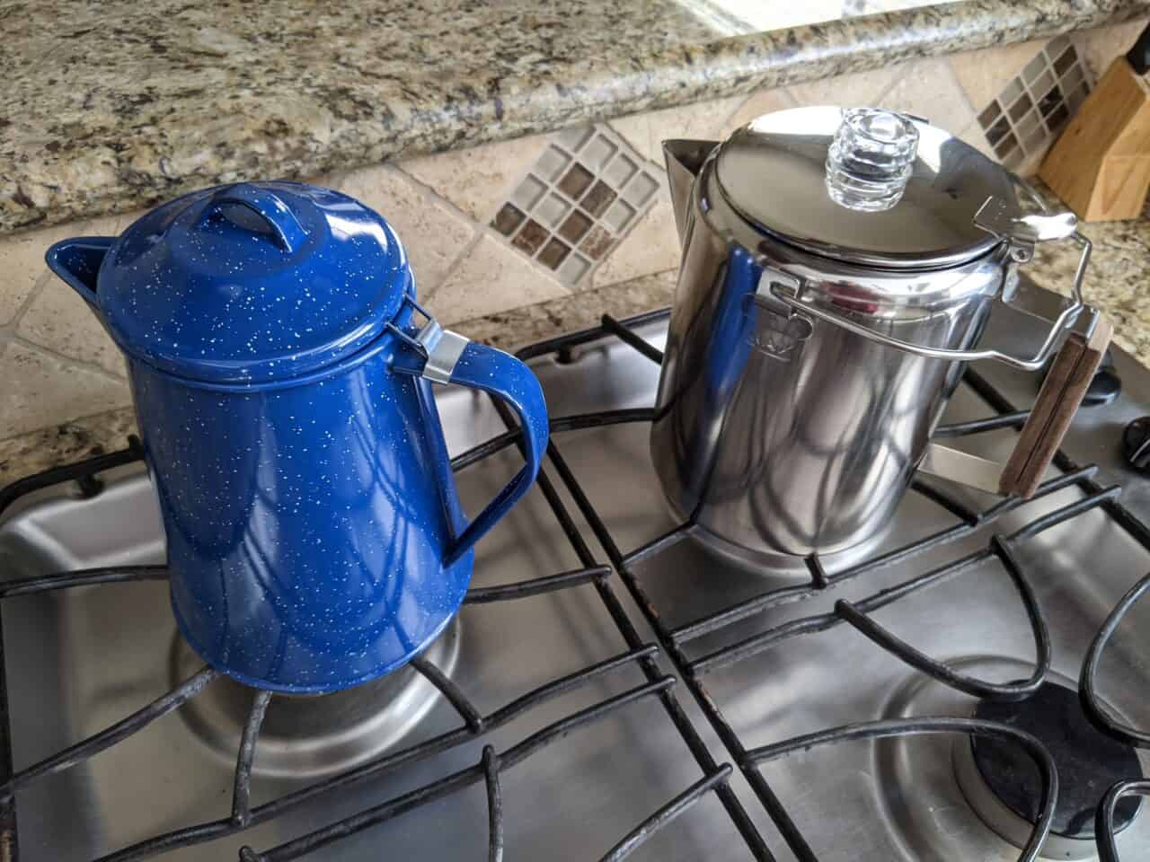 Percolator next to cowboy coffee pot