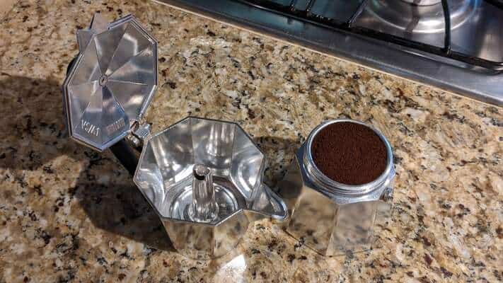 Moka pot with grounds