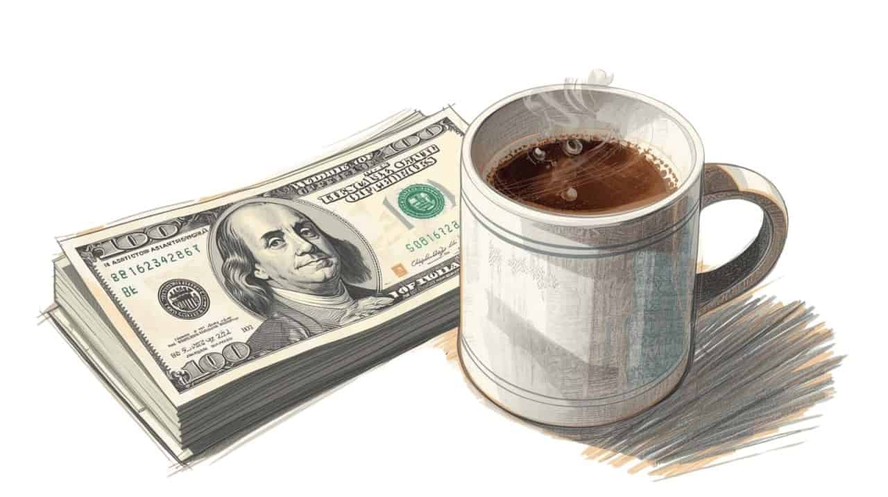 coffee cup
with a stack of money next to it